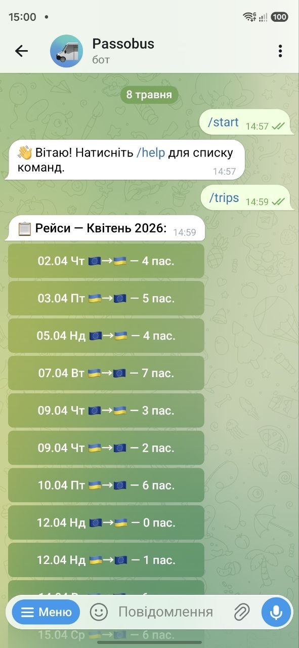 Telegram-бот Passobus: список рейсів на місяць